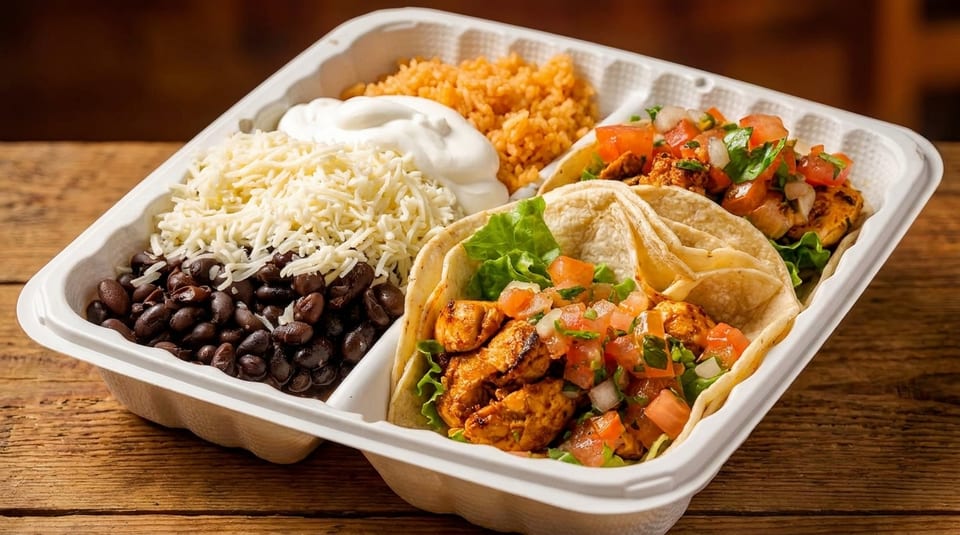 A takeout container with two chicken tacos, rice, black beans, shredded cheese, and sour cream.