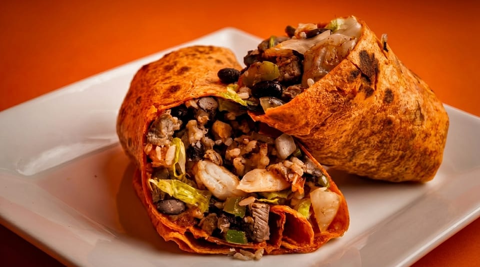 Two halves of a large burrito filled with meat, rice, beans, and vegetables on a white plate.
