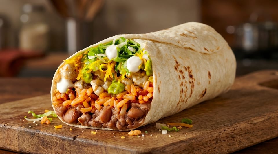 A large, open-faced burrito filled with rice, beans, chicken, guacamole, cheese, lettuce, and sour cream.