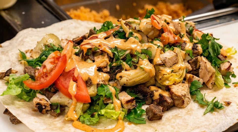Close-up of a large burrito or wrap filled with meat, lettuce, tomatoes, artichokes, and sauce.