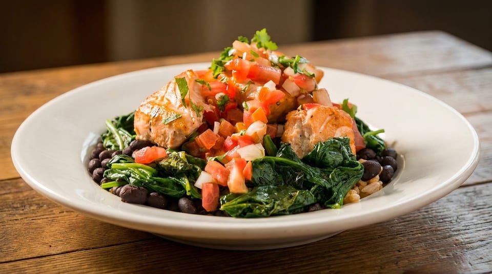 Salmon and spinach bowl with black beans and pico de gallo on a white plate.