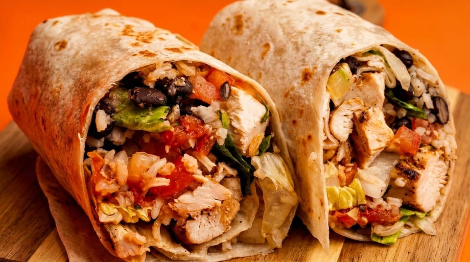 Two chicken burritos, filled with rice, beans, lettuce, and salsa, on a wooden board.