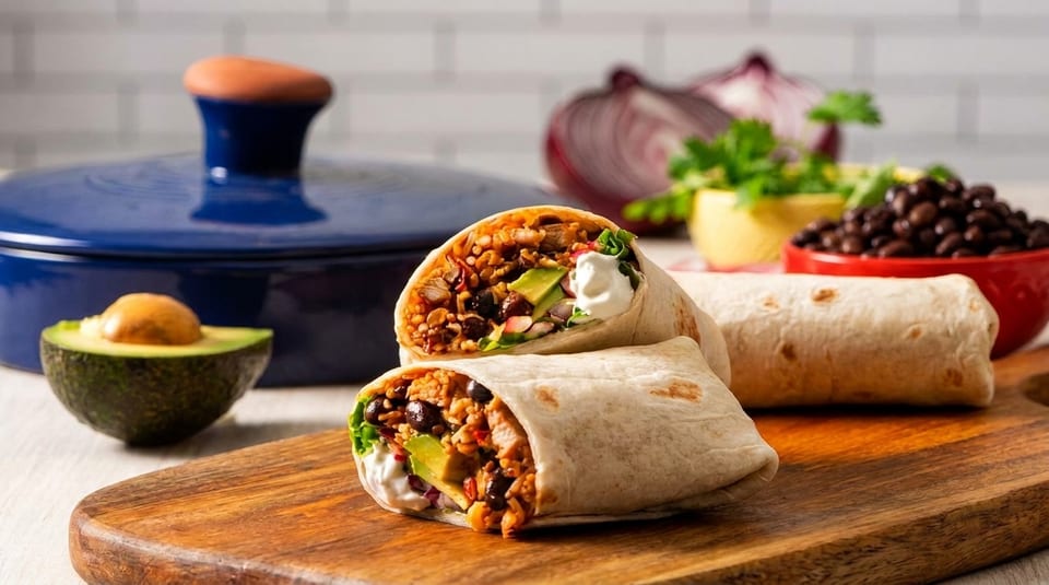 Two burritos filled with rice, beans, avocado, and sour cream on a wooden board.