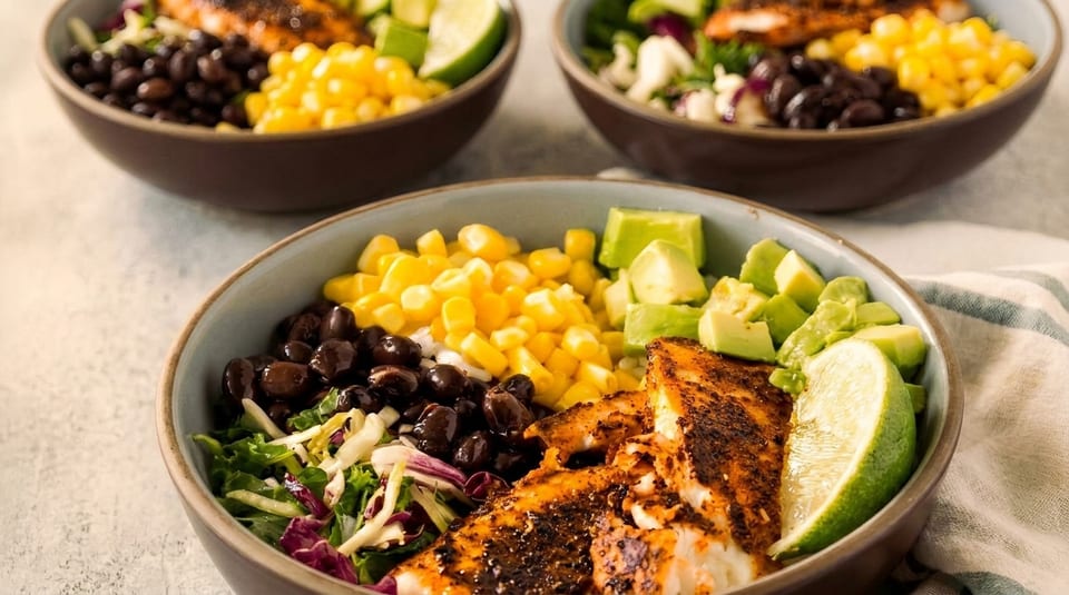 Three bowls of blackened fish, corn, black beans, avocado, and lime on a light surface.