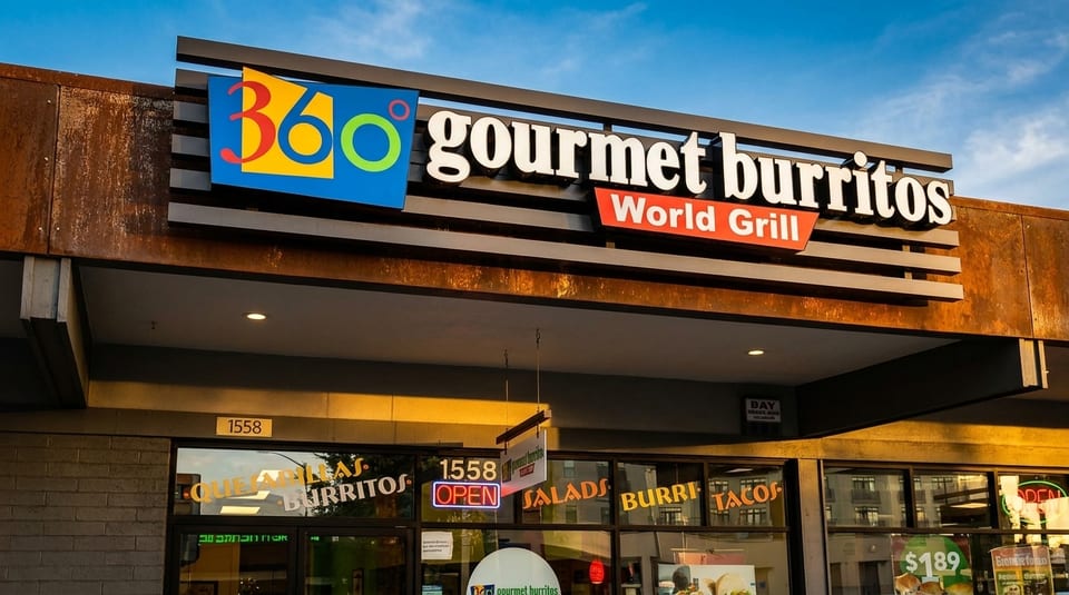 The exterior of 360 Gourmet Burritos World Grill restaurant with its colorful sign and storefront.