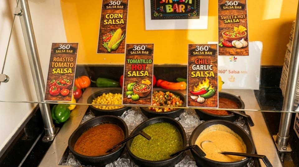 A vibrant salsa bar with various salsas, including roasted tomato, corn, tomatillo hot, sweet and hot, and chili garlic.