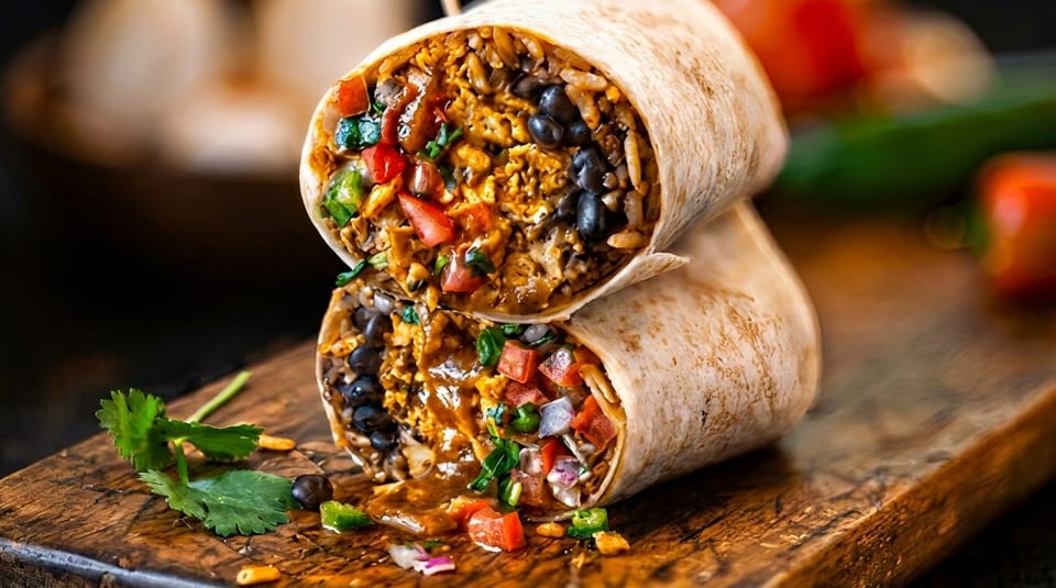 Two large burritos, cut in half, revealing a savory filling of rice, beans, and vegetables.