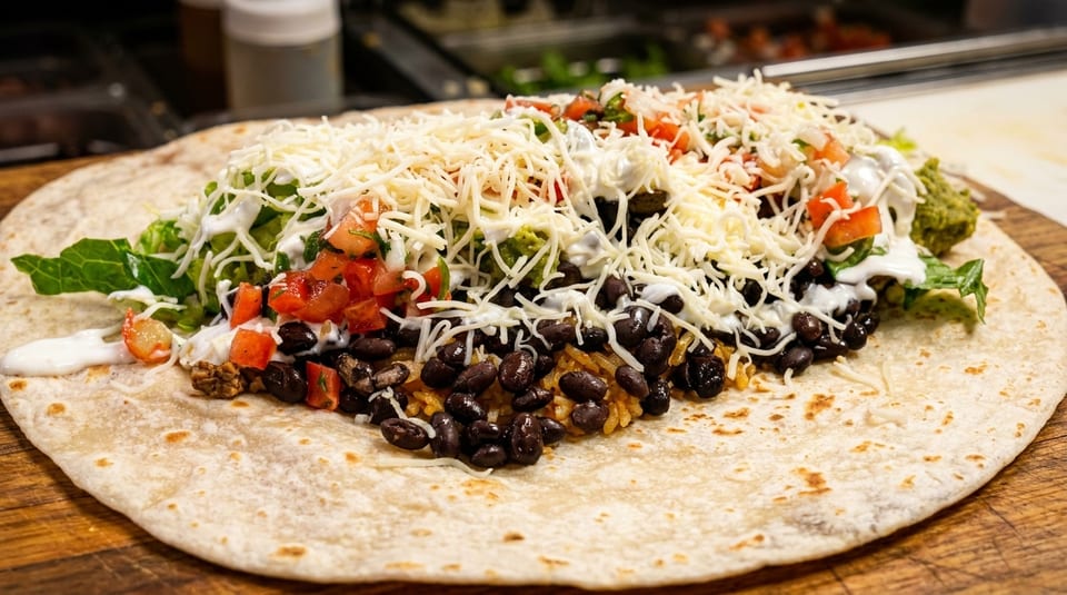 A large, open burrito filled with black beans, rice, lettuce, tomatoes, guacamole, and shredded cheese.