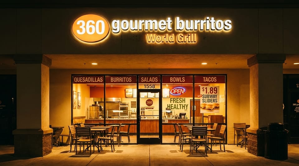 The illuminated storefront of 360 Gourmet Burritos World Grill at night, with outdoor seating.