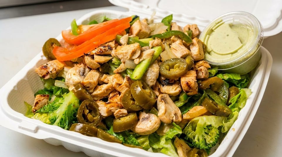 Chicken fajita salad with lettuce, tomatoes, jalapeños, mushrooms, and green dressing in a white container.
