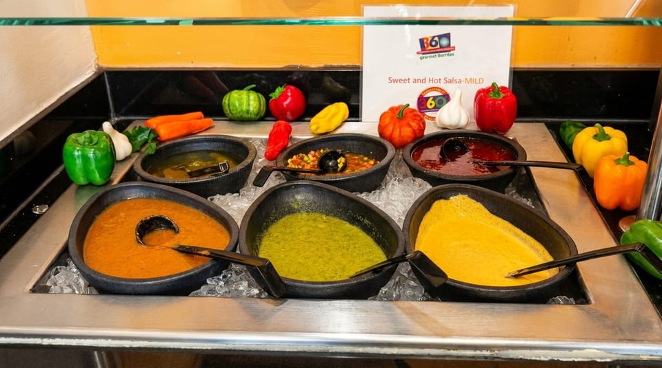 A buffet of six different salsas and sauces in black bowls on ice, with decorative vegetables.