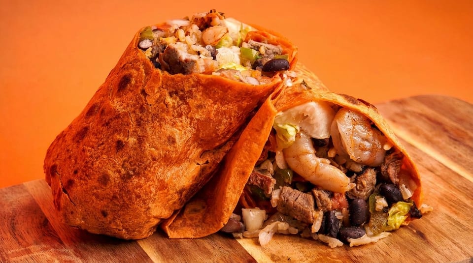 Two large, cut burritos filled with shrimp, steak, rice, beans, and vegetables on a wooden board.