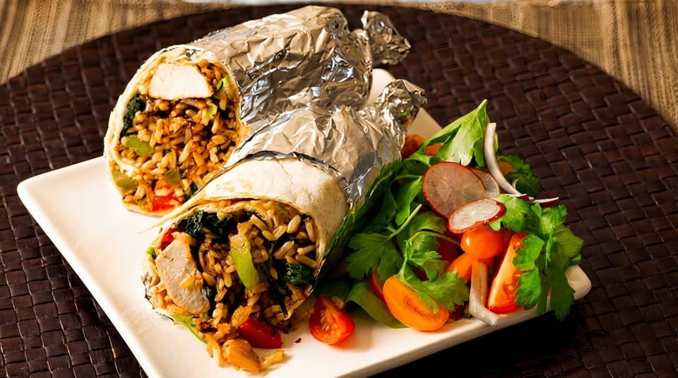 Two chicken and rice burritos, one wrapped in foil, served with a fresh side salad.