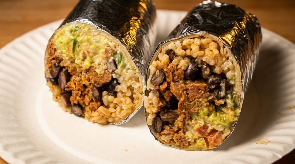 Two foil-wrapped burritos, cut in half, revealing rice, beans, meat, and guacamole on a white plate.