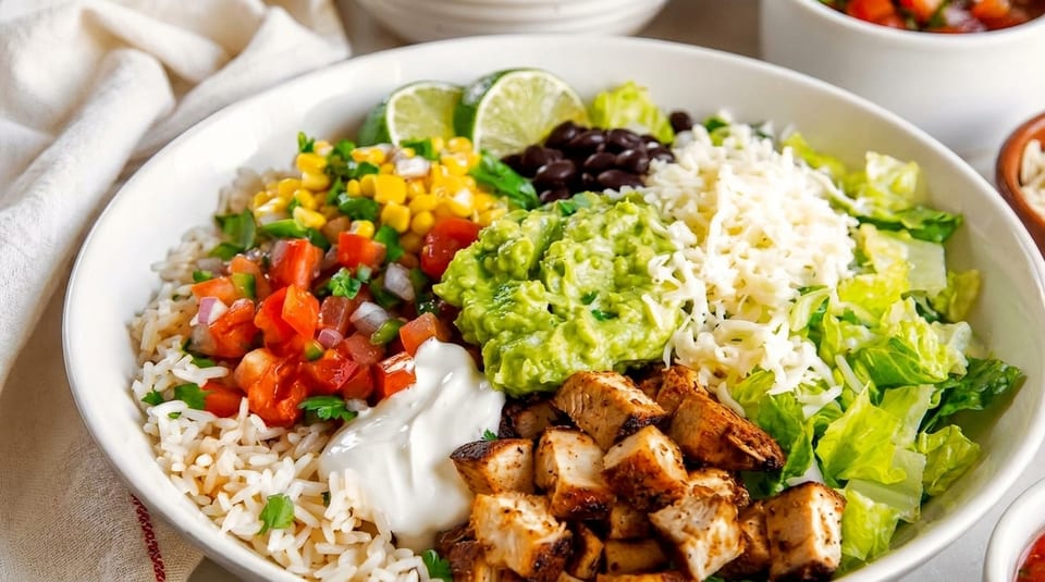 A vibrant burrito bowl with chicken, rice, guacamole, salsa, corn, beans, cheese, and lime.