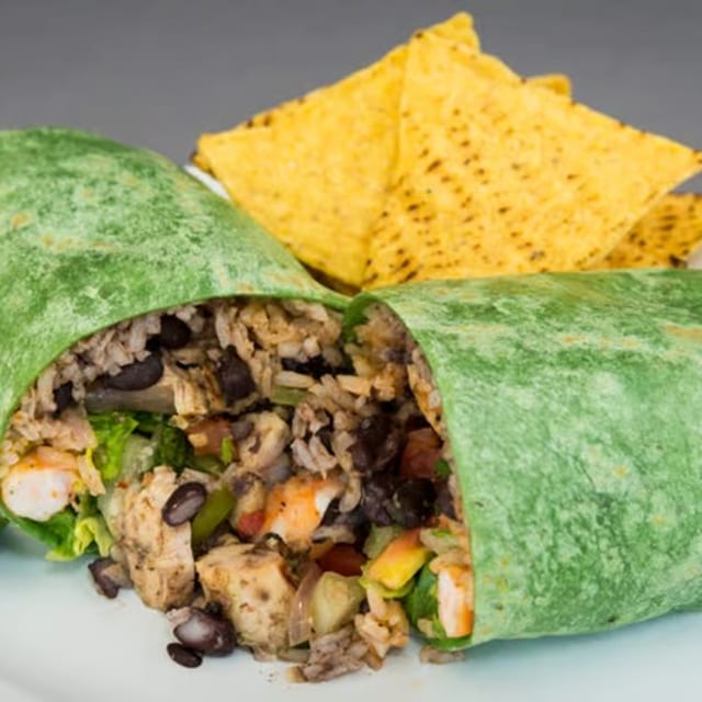 Cajun Chicken and Prawns Burrito.